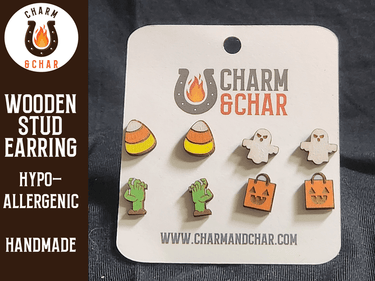 Halloween Wood Stud Earrings - Spooky Fashion Earring Set - Stud Earring - Charm and Char